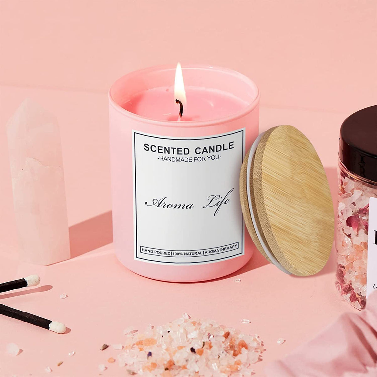 Creahaus 10oz, 16 Pack Thick Candle Jars with Bamboo Lids for Making Candles, Bulk Pink Empty Glass Candle Containers & Sticky Labels, Warming Labels Kit, Heat Resistant Candle Vessels