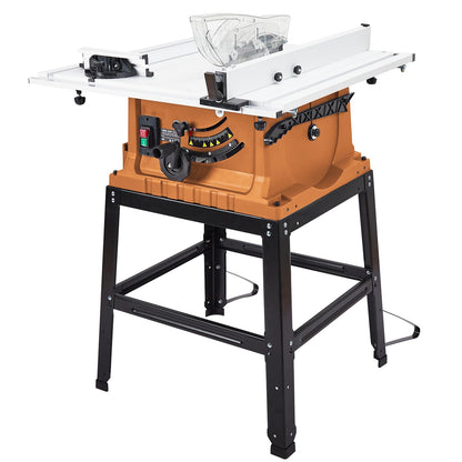 Table Saw, 10 Inch 15A Multifunctional Saw With Stand & Push Stick, 90° Cross Cut & 0-45° Bevel Cut, 5000RPM, Adjustable Blade Height for Woodworking, Orange