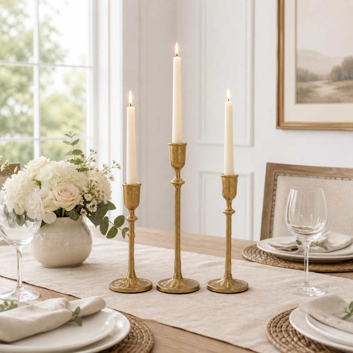 PUKUPIG Candlestick Holders, Set of 3 Taper Candle Holders with Heavy Duty Weighted Base, Matte Brass Gold Metal Stands for Wedding, Mantel & Table Decor, Fits 3/4" & 7/8" Candles