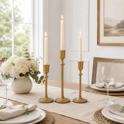 PUKUPIG Candlestick Holders, Set of 3 Taper Candle Holders with Heavy Duty Weighted Base, Matte Brass Gold Metal Stands for Wedding, Mantel & Table Decor, Fits 3/4" & 7/8" Candles