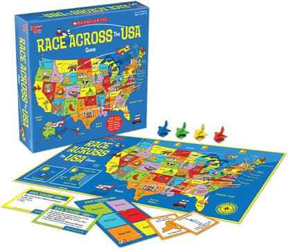 University Games Scholastic Race Across the USA Board Game  Geography Learning Game for Kids and Families for 2 to 4 Players Ages 8 and Up