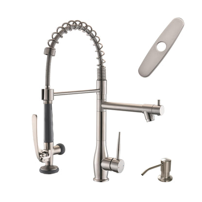 GIMILI Commercial Kitchen Faucet with Pull Down Sprayer, Double Headed Single Handle High Pressure Kitchen Faucet with Soap Dispenser Brushed Nickel