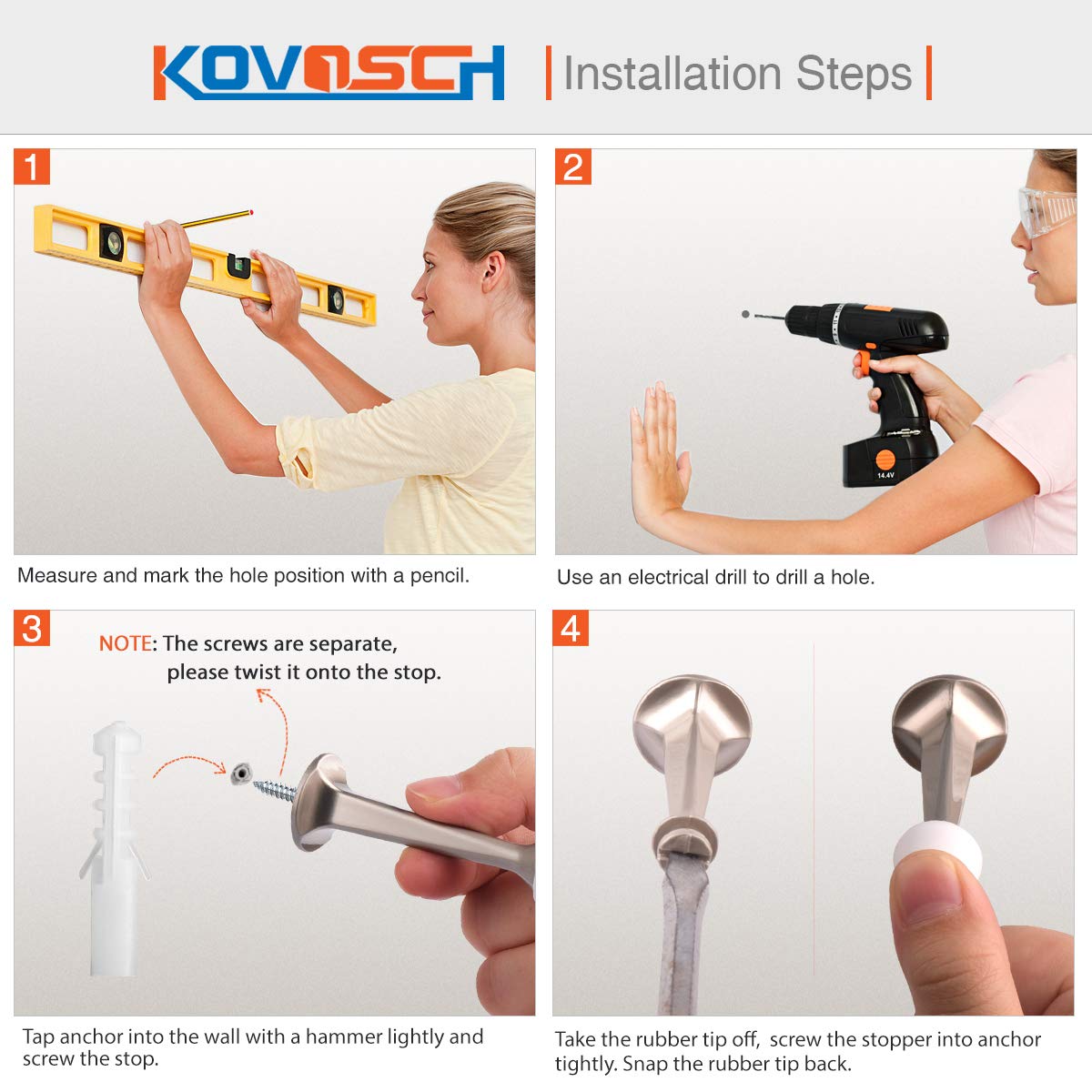 KOVOSCH 2 Pack Solid Rigid Door Stops - Heavy Duty Door Stoppers Wall Protector with Soft Rubber Tips, Satin Nickel
