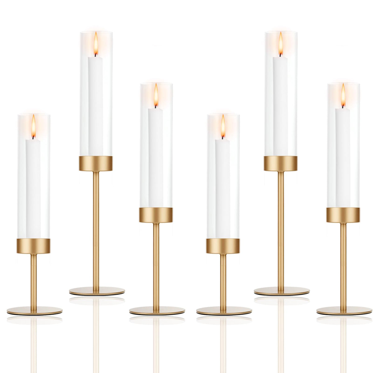 POKINE Set of 6 Gold Candle Holders, Tall Hurricane Candlestick Holders with Glass for Taper and Pillar Candles, Home Decor for Wedding, Christmas, Party, Anniversary, Dining Table