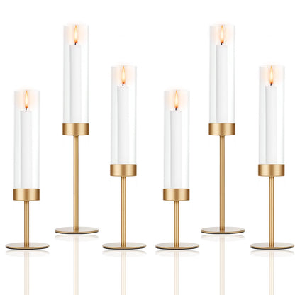 POKINE Set of 6 Gold Candle Holders, Tall Hurricane Candlestick Holders with Glass for Taper and Pillar Candles, Home Decor for Wedding, Christmas, Party, Anniversary, Dining Table