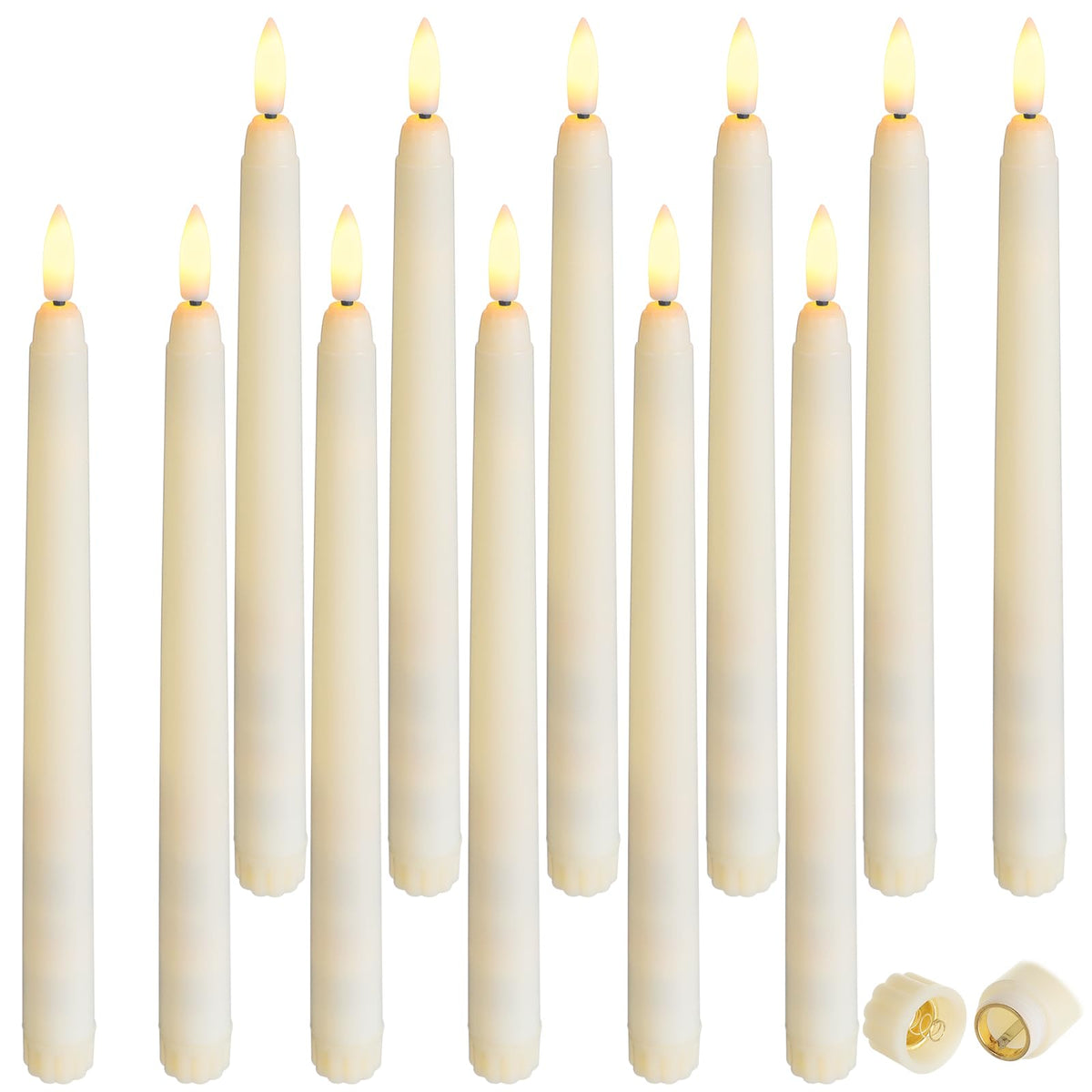 Baquler 12 Pcs Flameless Ivory Taper Candles Bulk Flickering LED Candles Taper Warm White Light LED Candlesticks for Christmas Wedding Home Decoration No Remote Control, 9.6 Inch