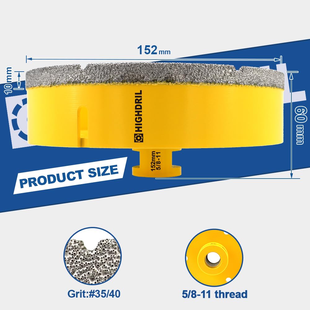 HIGHDRIL Diamond Drill Bits Kit with 5/8-11 for Porcelain Tile Ceramic Marble Brick Concrete Vacuum Brazed Hole Saw and HIGHDRIL Diamond Core Drill Bit - 6"(152mm) with 5/8-11 Thread Dry Drilling