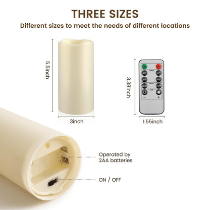Waterproof Flameless Remote Control Candles 2PACK(D3''*H5.5'')Battery Operated Flickering LED Pillar Candle,plastic with 10-Key 24Hours Timer for Outdoor/Indoor Party Garden Lanterns Porch Ivory