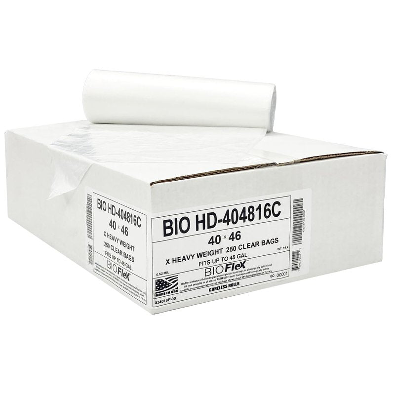 Aluf Plastics 45 Gallon Clear Trash Bags (250 Count) With BioFlex Technology - 40" x 48" - 16 Micron Equivalent High Density Garbage Bags