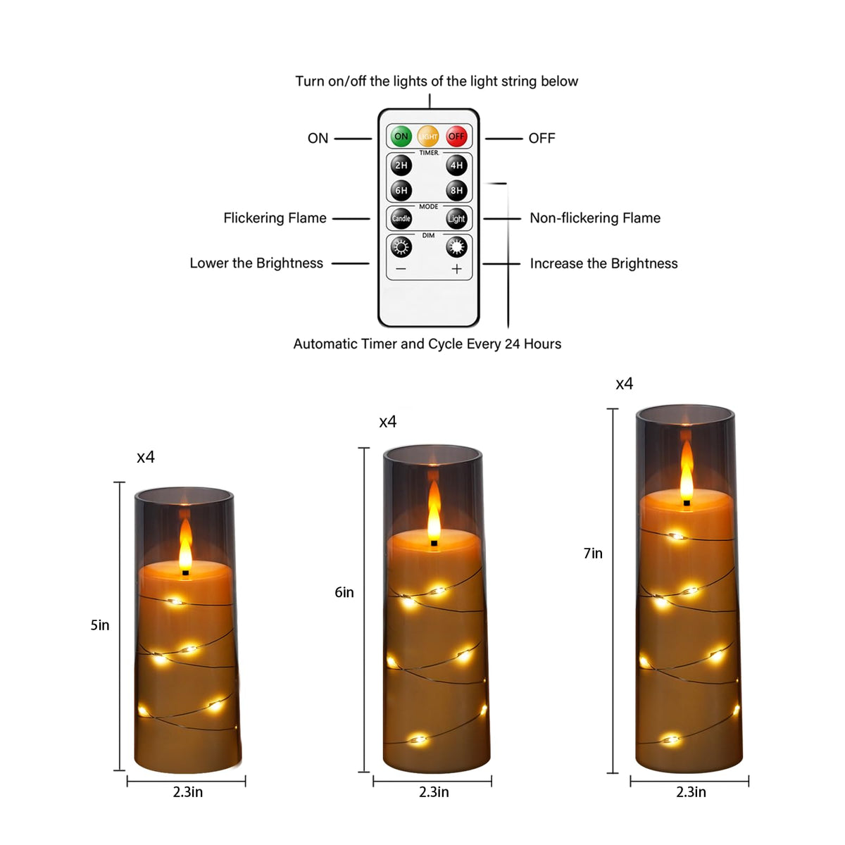Flameless Candles with Embedded Star String, 12 Pcs Battery Operated LED Pillar Candles with Remote and Timer, Suitable for Home Decor, Party, Christmas & Wedding (Grey)