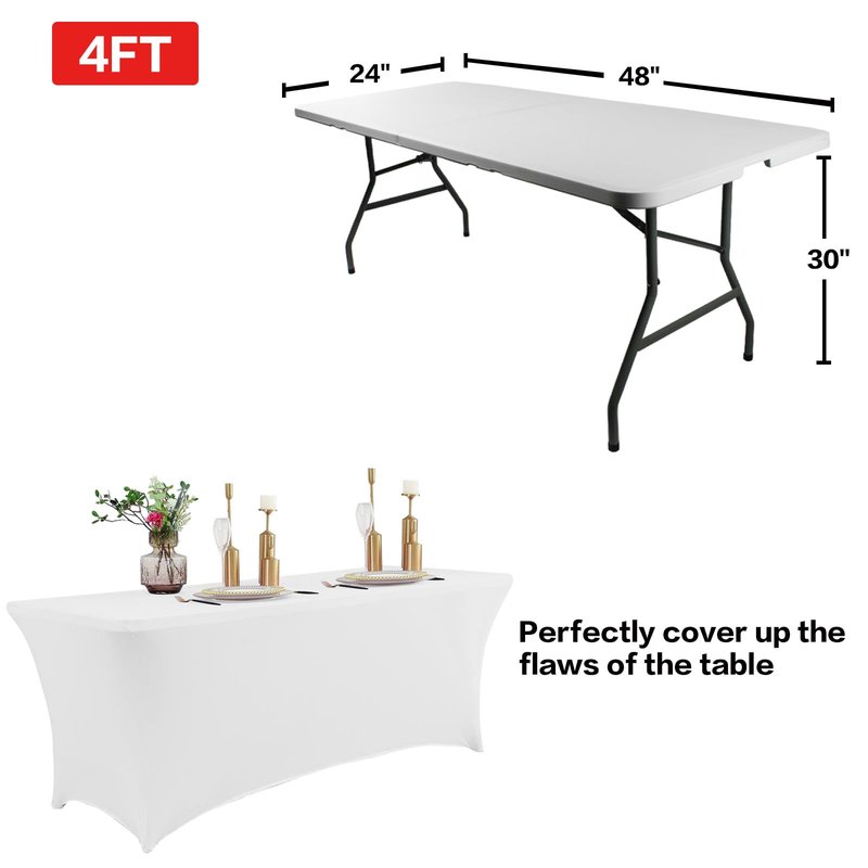IVAPUPU 4FT Spring Table Cloth for Rectangular Fitted Events Stretch White Table Covers Washable Cover Spandex Tablecloth Protector for Party, Wedding, Cocktail, Banquet, Festival