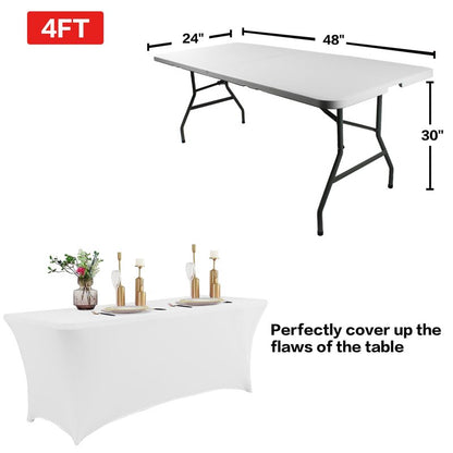 IVAPUPU 2 Pack 4FT Table Cloth for Rectangular Fitted Events Stretch White Table Covers Washable Cover Spandex Spring Tablecloth Protector for Party, Wedding, Cocktail, Banquet, Festival
