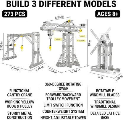 Metal Building Toys 273pcs 3 in 1 Tower Crane &amp Frame Crane &amp Windmill Metal Model SetErector Sets for Boys Age 8-12DIY Building Stem Projects Toys for KidsBirthday Gifts for Model Crane F