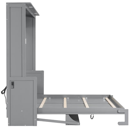 GDFStudio Queen Size Murphy Bed with Desk, LED Lights and USB Charging Ports, Wall-Mounted Space-Saving Bed, Solid MDF + Plywood, Foldable Design, Modern Home Office and Guest Room Solution, Gray