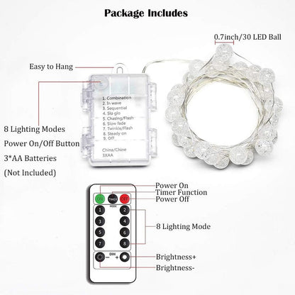Globe String Lights, Crystal Ball Led String Lights Warm White, 10ft 30 LED Grandhome Fairy Lights Battery Operated Waterproof, 8 Modes with Remote Control, for Indoor Outdoor Bedroom Party Wedding …