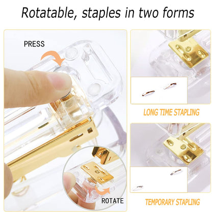 Gold Desk Accessories, Acrylic Stapler, Staple Remover, Tape Holder, Pen Holder, Ballpoint Pen, Scissor, Binder Clips, 1000pcs Staples, Phone Holder, Ruler, Transparent Glue and 300 Notes