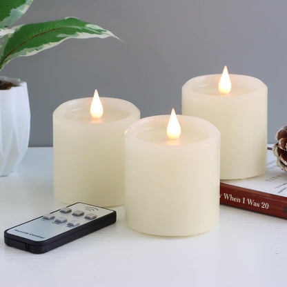 Kuandawei Flameless Candles with Timer, Flickering LED Candles Battery Operated with Remote, 3D Moving Flame, Real Wax 3" x 3" Electric Fake Candle for Home Party Decorations, 3 Pack