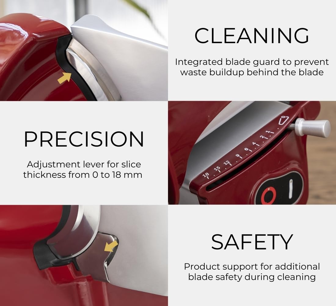 VBI Milano 1898 Home Line Plus 200 Food Slicer | 8-inch Chromed Steel Blade | Adjustable Thickness | Premium Electric Slicer for Prosciutto, Cold Cuts, Cheese, Bread, Veggies and more (Red)