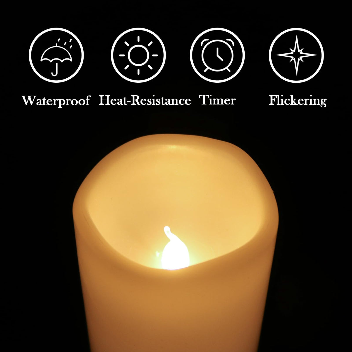 Eldnacele Waterproof Flameless Flickering Candles with 6 Hours Timer, Indoor Outdoor White LED Plastic Battery Operated Pillar Candles Pack of 4 Wedding Dinner Home Decor, D3”x H4” 5” 6” 8”