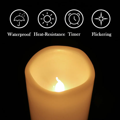 Eldnacele Waterproof Flameless Flickering Candles with Remote and Timer, Battery Operated LED Pillar Candles Indoor Outdoor White Plastic Candle Pack of 4 Wedding Dinner Home Decor, D3 x H4 5" 6" 8"