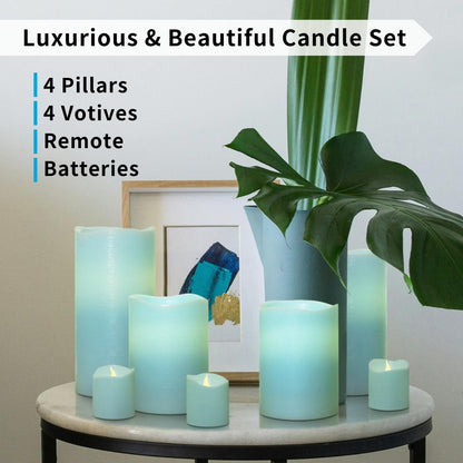 FURORA LIGHTING Blue Flameless Candles - Real Wax, Adjustable Brightness, Remote & Timer - 4 Pillars (3x4, 3x6) and 4 Votives, 8-Pack, Battery Operated
