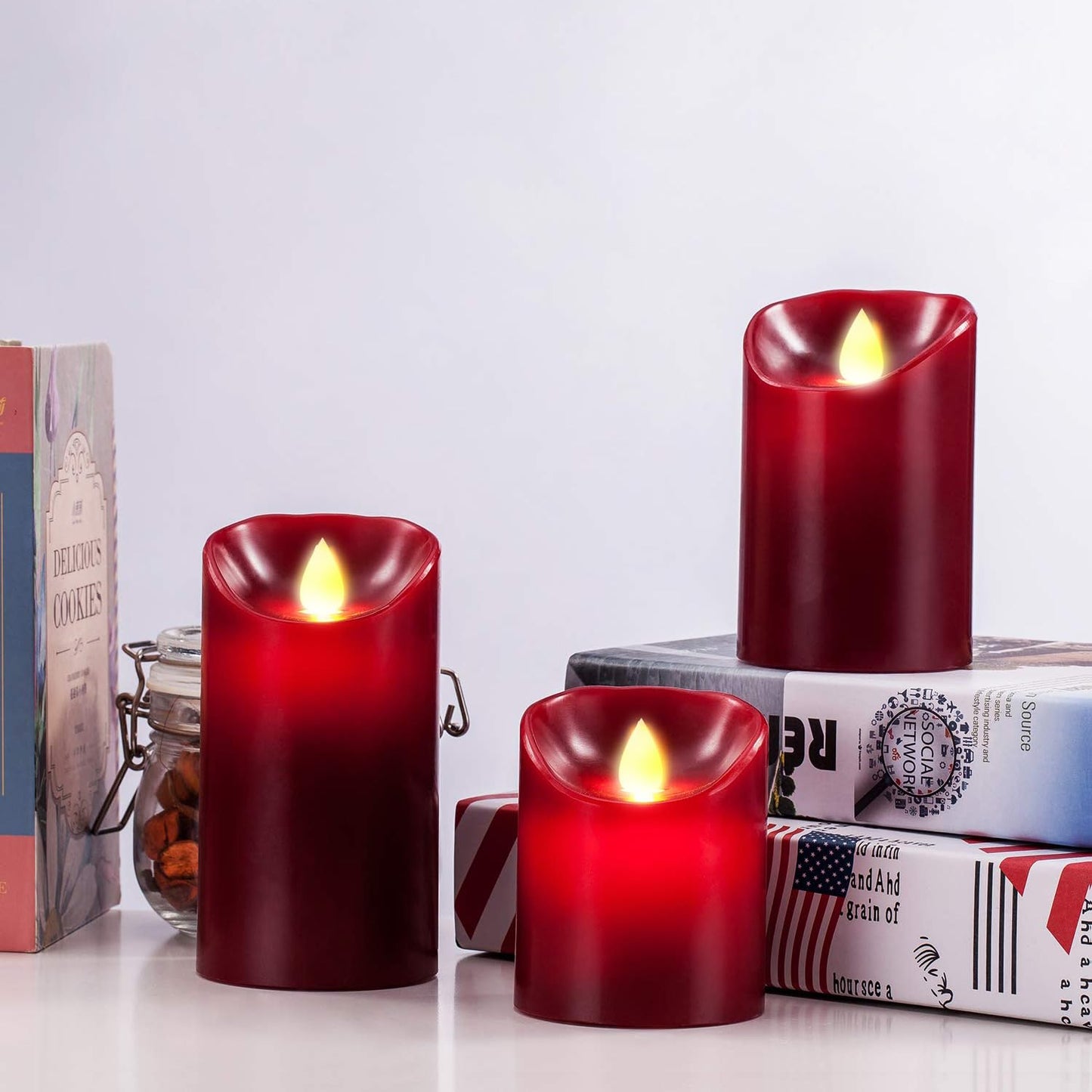 Enpornk Flameless LED 4/5/6-Inch Drip-Less Wax Pillar Candles - Real Wax & Real Flickering Candle Motion - with Remote 24-Hour Timer Function,Burgundy Color,Sets of 3