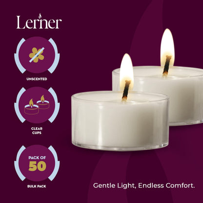 Lerner Clear Tea Lights Candles Bulk - 4.5 Hour Clear Cup Tealight 50 Pack - Consistent Smkless Clean Burning - Holiday, Wedding, Spa, Emergency and Home Decoration Candles