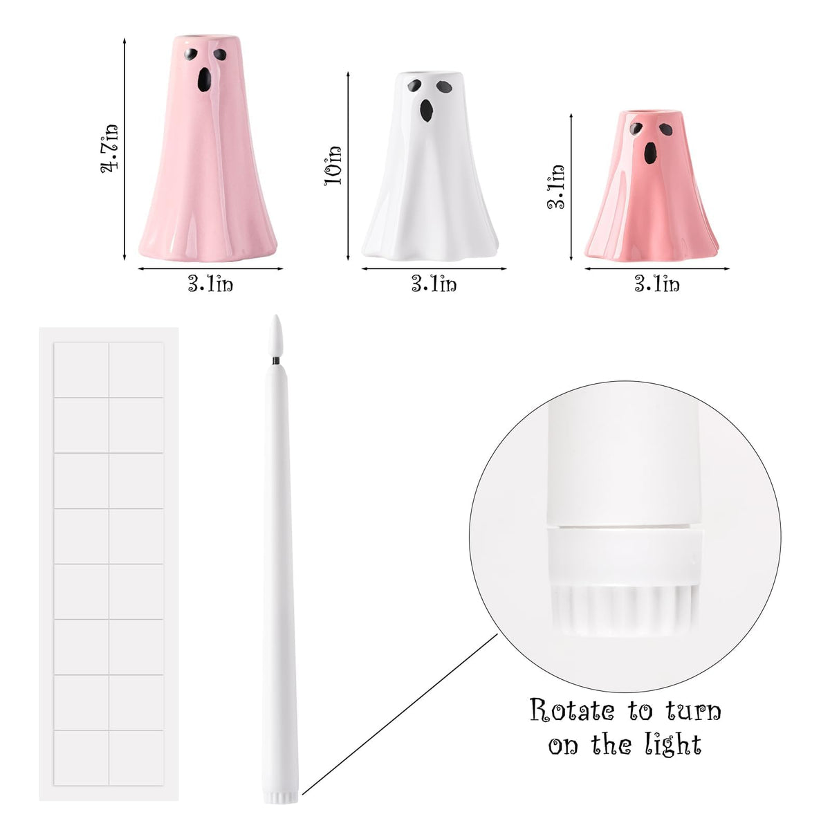 Halloween Ceramic Ghost Decor: Cute Pink Ghost Figurine Lamps Taper Candle Holder Sticks Halloween Table Decor, Pastel Decorations Indoor for Desk Office Mantel Home Fireplace Farmhouse Party Gifts