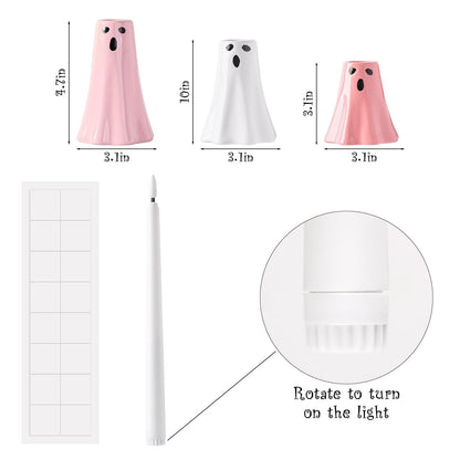 Halloween Ceramic Ghost Decor: Cute Pink Ghost Figurine Lamps Taper Candle Holder Sticks Halloween Table Decor, Pastel Decorations Indoor for Desk Office Mantel Home Fireplace Farmhouse Party Gifts