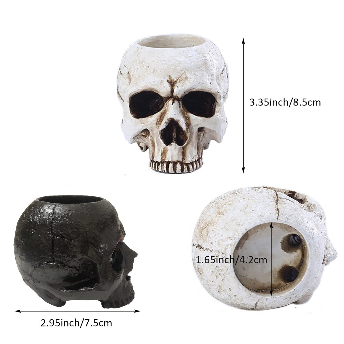 VICDUEKG 2 Pcs Skull Candle Holder Skeleton Candlestick Holders Tealight Resin Candlestick Crafts for Party Halloween Graveyard Outdoor Bar Home Decoration, Black and White
