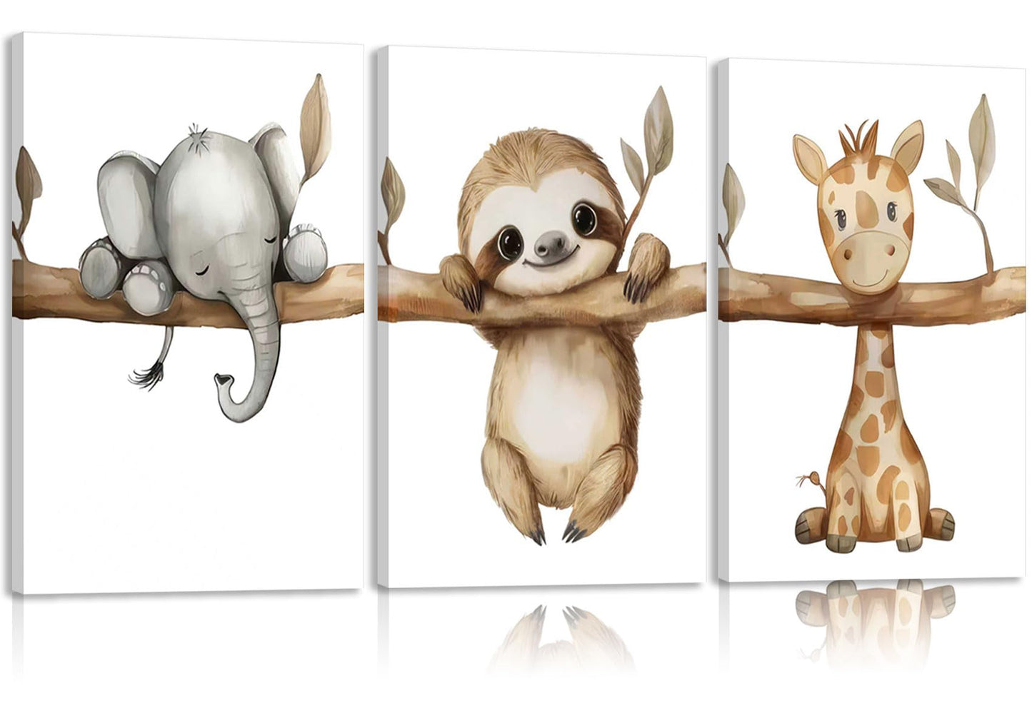 3Pcs Nursery Animal Canvas Wall Art Safari Nursery Poster Prints Jungle Kids Painting Cute Animal Elephant Sloth Giraffe Artwork Picture Wall Decor for Boys Room Girls Room 16x24in Framed