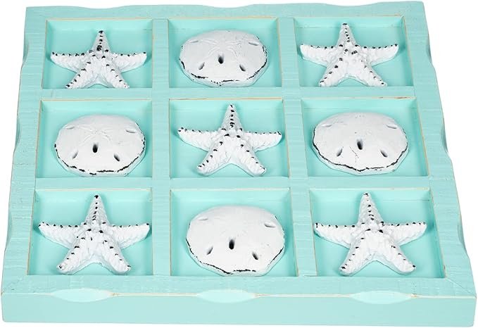 Beach Tic Tac Toe - 9 X 9 Seafoam Blue Tic Tac Toe Decor Home W/White Resin Starfish &amp Sand Dollars - Real Wooden Tic Tac Toe - Tic Tac Toe Coffee Table - Nautical Décor