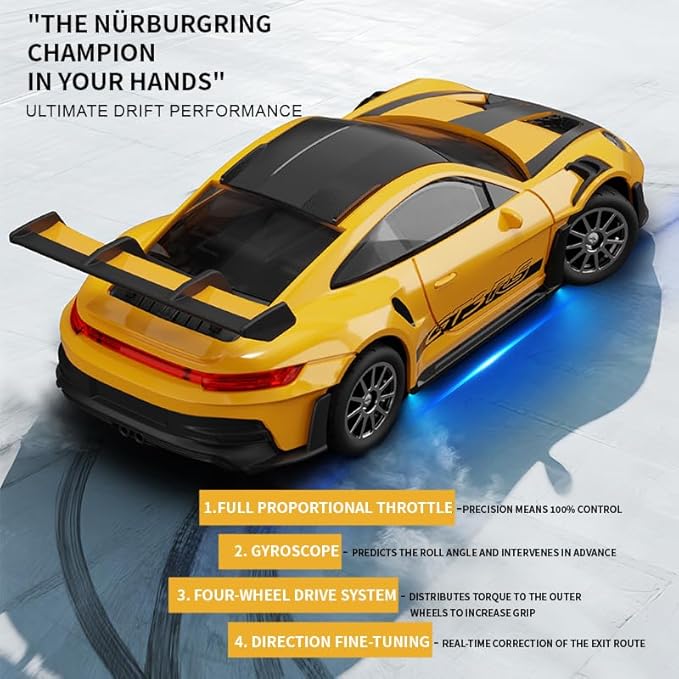 1/43 Scale RC Drift Car 2.4G Full Proportional 4WD Remote Control Car with Gyro Adjustable Speed &amp LED Lights Alloy RC Vehicle for Adult