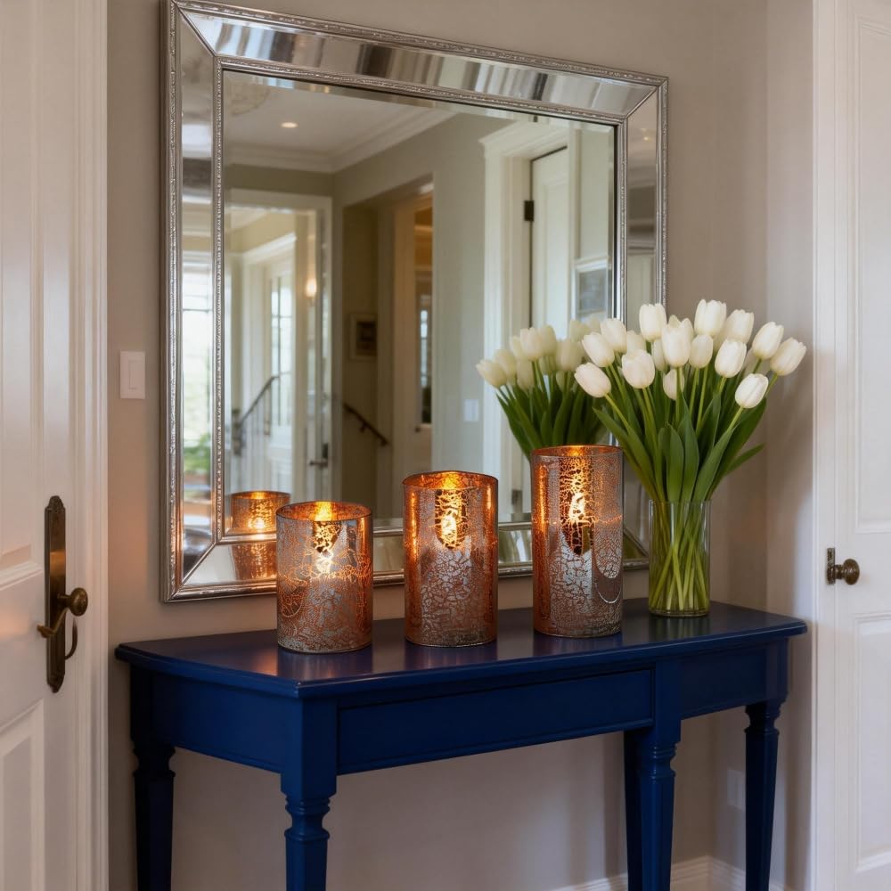 Silver Mercury Crackle Glass Flameless LED Pillar Candles Set of 3 – Warm White Flicker, Remote & Timer, Batteries Included, for Mother's Day, Spring Weddings, Home Decor & Romantic Ambiance