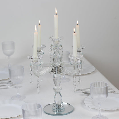 Efavormart Crystal 5-Arm Candelabra Taper Candle Holder with Hanging Prisms & Round Mirror Base – Faceted Cut Glass Design - 14" Tall