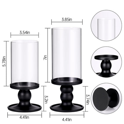 NITIME 4Pcs Hurricane Candle Holder for Pillar Candles, Black Candle Holders with Clear Glass Sleeve for Table Centerpieces,Pillar Candle Holders for Home Decor, Wedding, Holiday and Party Decor