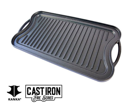 KANKA Grill Cast Iron Griddle - Extra Large Reversible Double-Sided Griddle for Gas Stove, BBQ Grill Plate, Flat Top Skillet for Stove Top, Outdoor Grill - 19.7in x 10.23in, Pre-Seasoned, Black