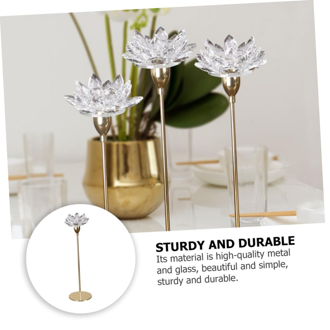 minkissy Metal Candlestick Holder Crystal Lotus Candlelight Dinner Decoration Small Gold Minimalist Dining Room Candle Stick Ornament