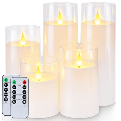 Homemory Pure White Flickering Flameless Candles, Battery Operated Acrylic LED Pillar Candles with Remote Control and Timer, Set of 5