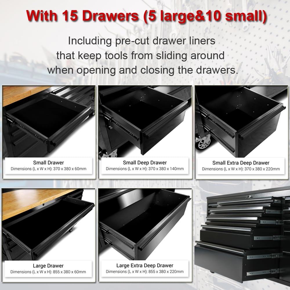 UYRIE 72-inch Rolling Tool Chest with 15 Drawers, Mobile Workbench, Assembled Large Tool Box Lockable Storage Cabinet with Wheels for Garage Workshop (72'' w/15 Drawers - Black)