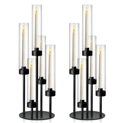 KEHAIL 2Pcs 5-Arm Black Metal Table Candelabra Centerpiece, 22" Tall Acrylic Clear Candlesticks Holder with Shade for Valentines Day Events Party Table Centerpiece,Fit LED Candles