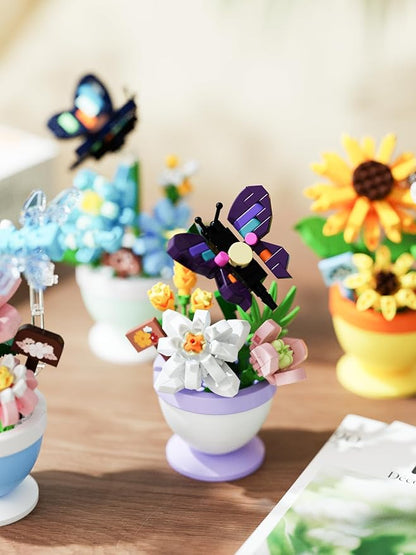 4 Set Mini Flower Cute Insects Potted Plant Bonsai Building Toy Blocks Particle Set Small Flowers Botanical