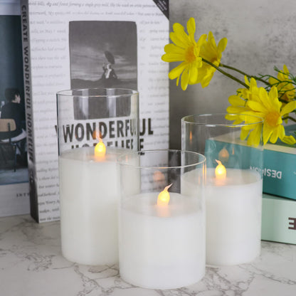 GenSwin Clear Glass Battery Operated Flameless Led Candles with 10-Key Remote and Timer, Real Wax Candles Warm White Flickering Light for Home Decoration(Set of 3)
