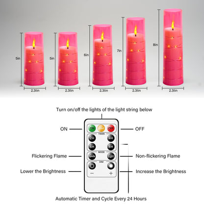 kakoya Flameless LED Candles with Timer 5 Pc Flickering Flameless Candles for Romantic Ambiance and Home Decoration Stable Acrylic Shell,with Embedded Star String，Battery Operated Candles(Pink)
