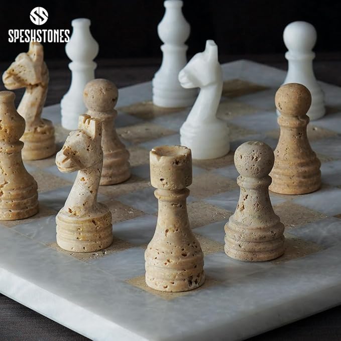 Marble Chess Set 12 Inch Handmade White and Travertine Board Games for Adults with Storage Box Classic Table Chess Board with Chess Pieces &amp 2 Extra Queens Gifts &amp Home Décor