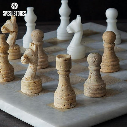 Marble Chess Set 12 Inch Handmade White and Travertine Board Games for Adults with Storage Box Classic Table Chess Board with Chess Pieces &amp 2 Extra Queens Gifts &amp Home Décor