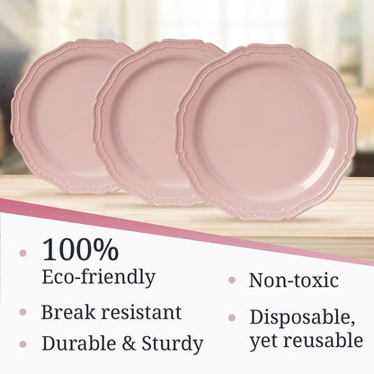 CountrySide Vintage Embossed Blush Plastic Dessert Plates for Party (20 PC) Heavy Duty Disposable Dinner Set 7.5", Fine China Look Dishes and Perfect Disposable Plates for Baby Showers, Weddings etc