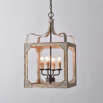 LOVEDIMA French Country Chandelier 4-Light Lantern Pendant Lighting Square Wood Metal Chandeliers Hanging Light Ceiling Light Fixtures in Antique Gray & Antique Gold