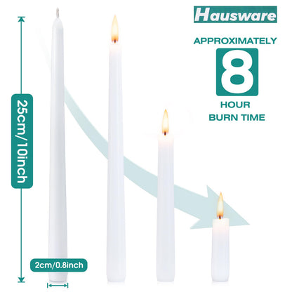 Hausware 36 Pack Taper Candles, 8 Hour Burn Time,Unscented Dripless and Smokeless, 10 inch Elegant Premium Quality Dinner Candle for Home Décor, Restaurant, Wedding, Party Candlesticks (White)