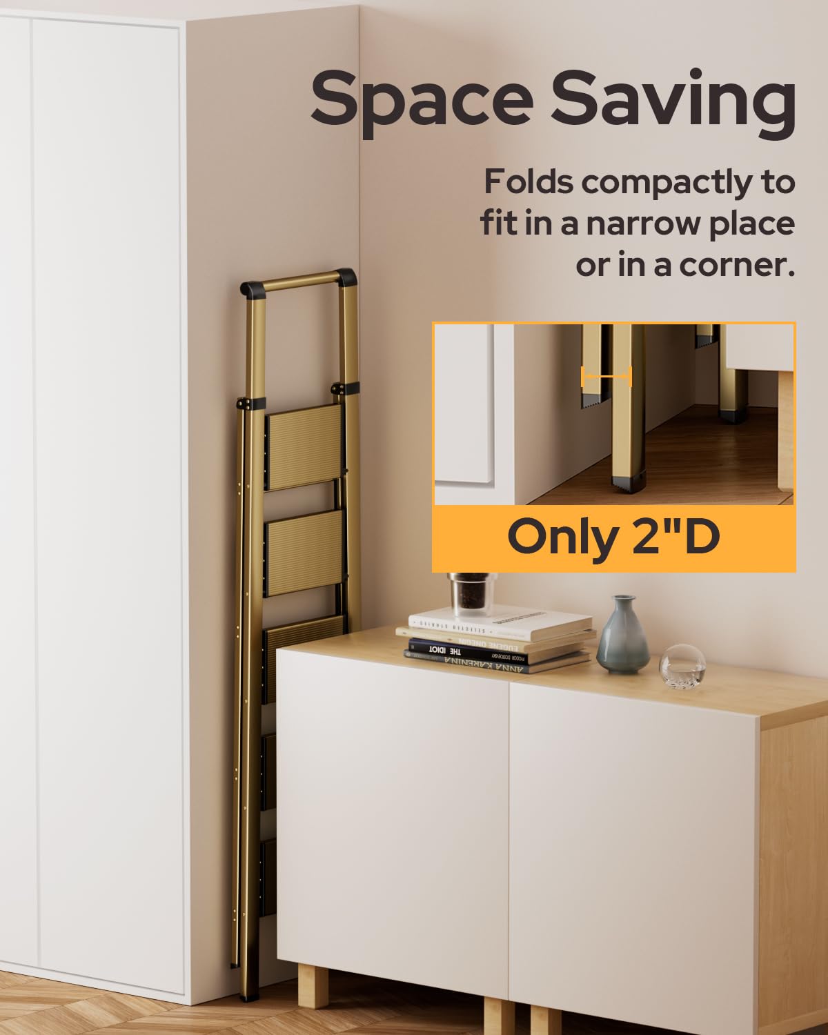 GameGem 5 Step Ladder for 10 Feet High Ceiling, Lightweight Aluminum Folding Step Stool with Convenient Handgrip, Stepladders with Anti-Slip and Wide Pedal for Home Use Space Saving - Gold
